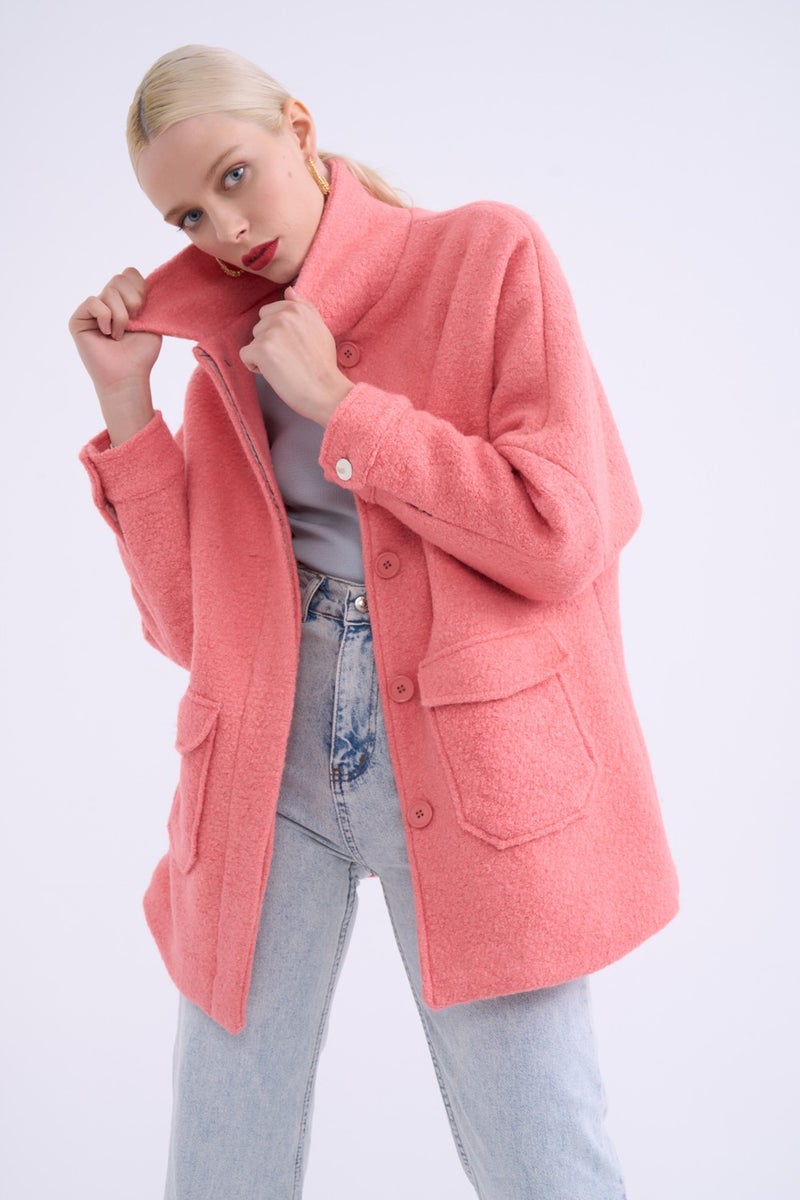 SATEEN Pocket Detailed Boucle Coat - Powder - Image 3