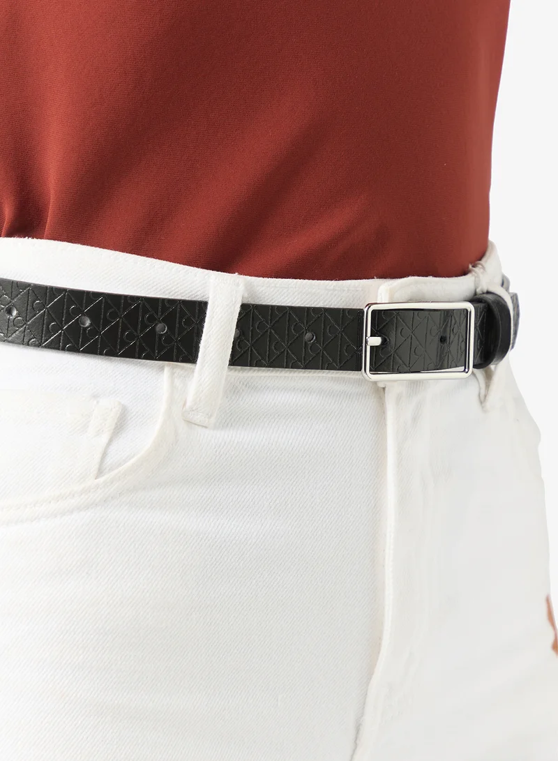 Calvin Klein BLACK / SHINY NICKEL Leather Emblem Print Rectangular Buckle Belt for Women | Best Price UAE