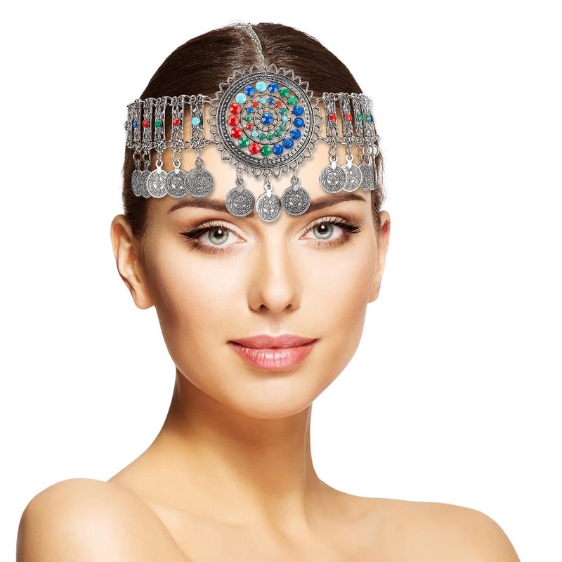 NICENEEDED Boho Head Chain Jewelry Silver Vintage Belly Dance Coin Headpiece Flower Rhinestone Retro Prom Costume Forehead Chain Hair Accessories for Women Girls