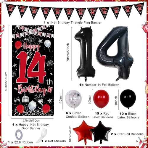 Pounira 14th Birthday Decorations for Boys Girls Happy 14th Birthday Decorations Boy Red Black 14 Year Old Birthday Door Banner Sign Triangle Flag Large 14 Balloons Decor for 14 Bday Party Supplies - Image 5