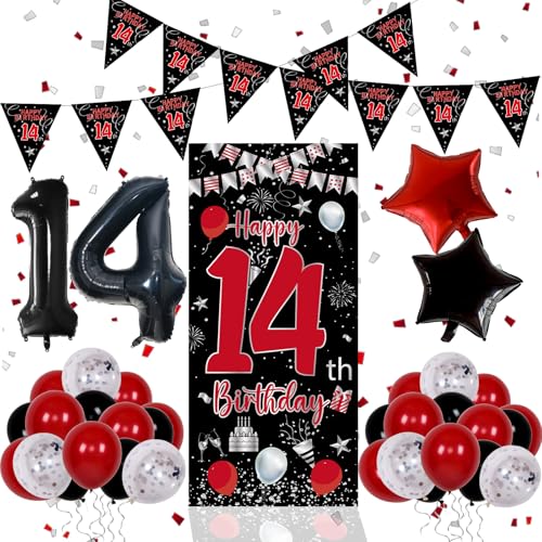 Pounira 14th Birthday Decorations for Boys Girls Happy 14th Birthday Decorations Boy Red Black 14 Year Old Birthday Door Banner Sign Triangle Flag Large 14 Balloons Decor for 14 Bday Party Supplies - Image 1