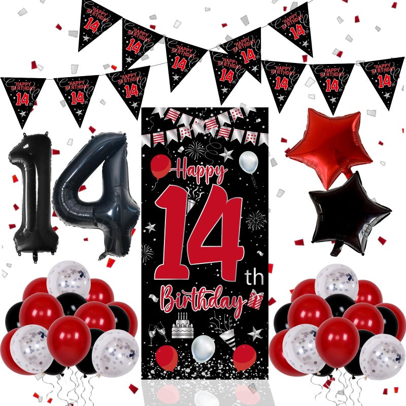 Pounira 14th Birthday Decorations for Boys Girls Happy 14th Birthday Decorations Boy Red Black 14 Year Old Birthday Door Banner Sign Triangle Flag Large 14 Balloons Decor for 14 Bday Party Supplies - Image 3