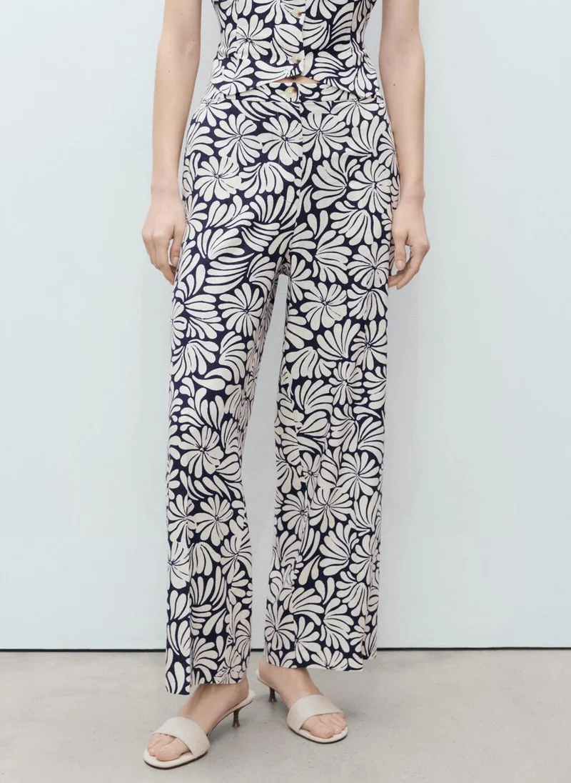 MANGO Casual Floral Linen Trousers