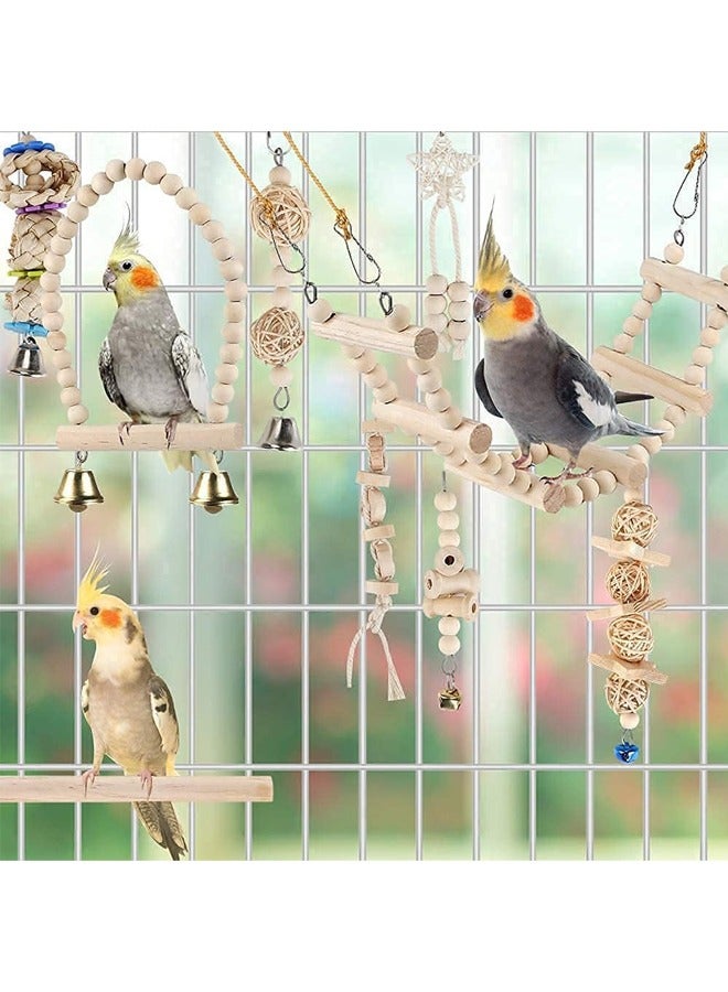 روكاوات ألعاب أرجوحة الطيور والببغاء من الخشب الطبيعي تتضمن أرجوحة مضغ معلقة وسلم تسلق وقفص طيور للببغاء والببغاء والكونيور والكوكاتيل والمينا وطيور الحب والعصافير، 9 قطع - Image 3