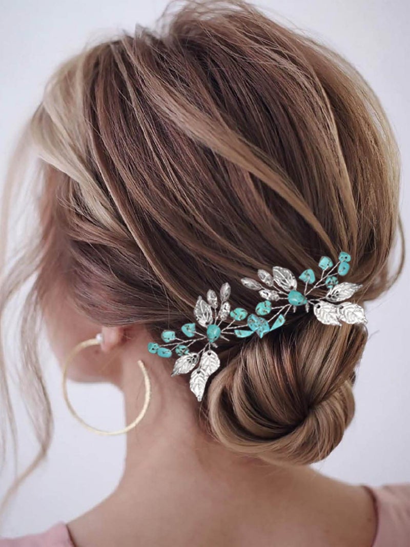 Earent Rhinestone Bride Wedding Hair Pins Turquoise Leaf Hair Piece Teal Crystal bridal Hair Accessories for Women Pack of 2