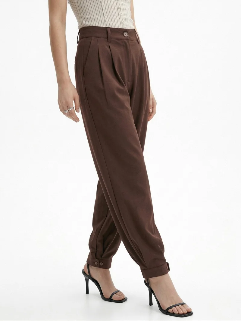 أوجيدر Brown High Waist Pleated Ankle Length Trousers