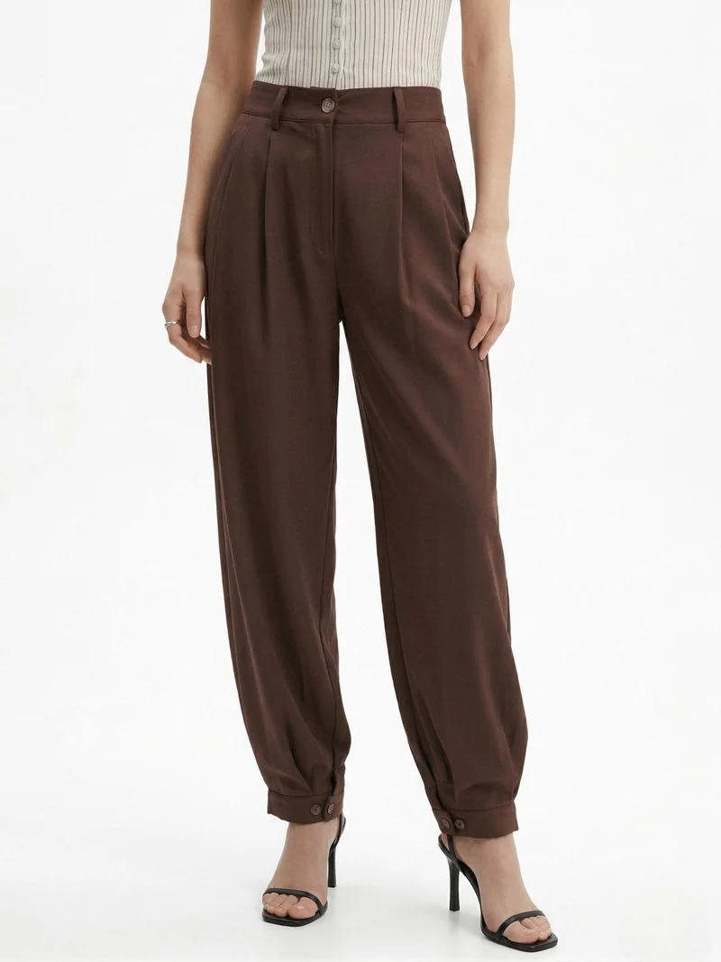 أوجيدر Brown High Waist Pleated Ankle Length Trousers