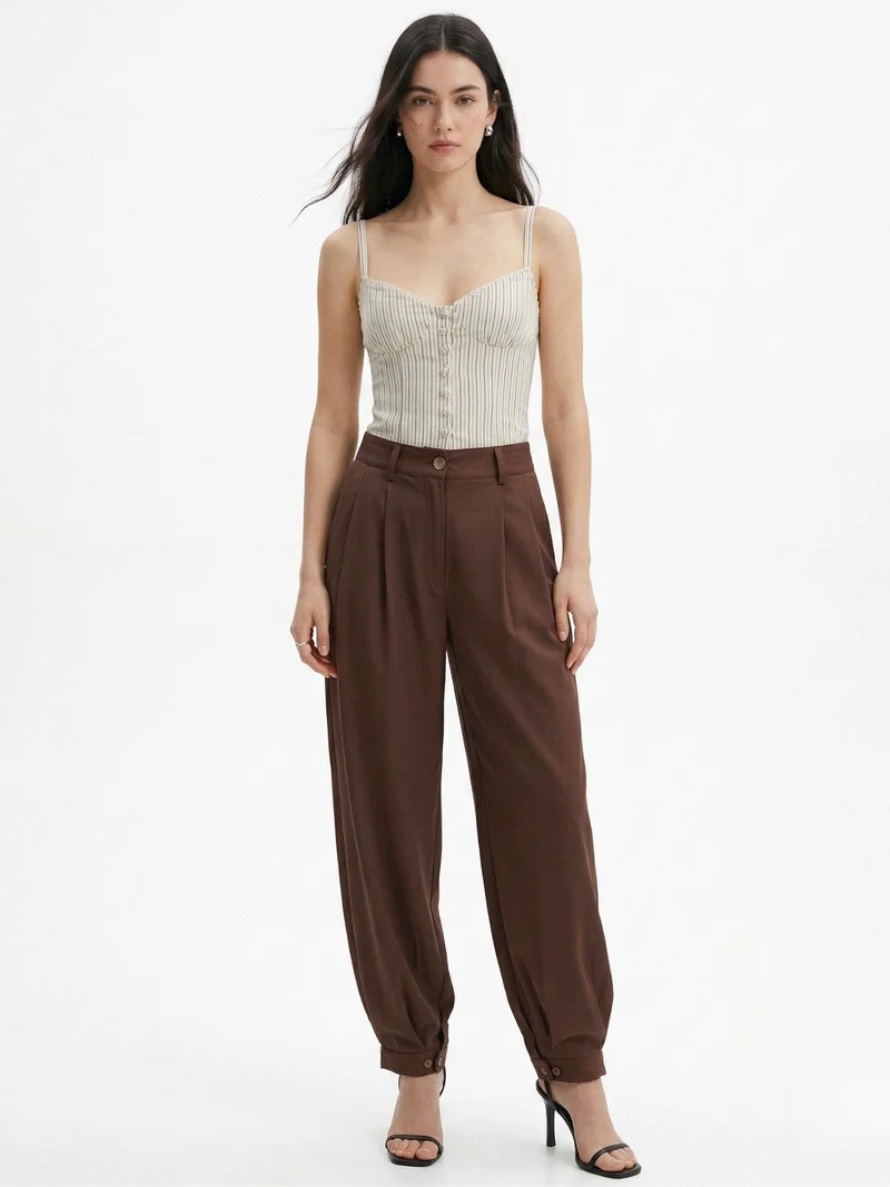Outzidr  Brown High Waist Pleated Ankle Length Trousers for Women | Best Price UAE