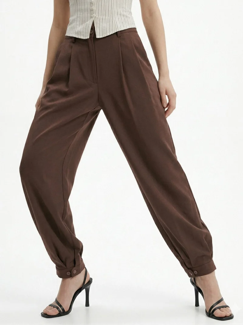 Outzidr  Brown High Waist Pleated Ankle Length Trousers for Women | Best Price UAE