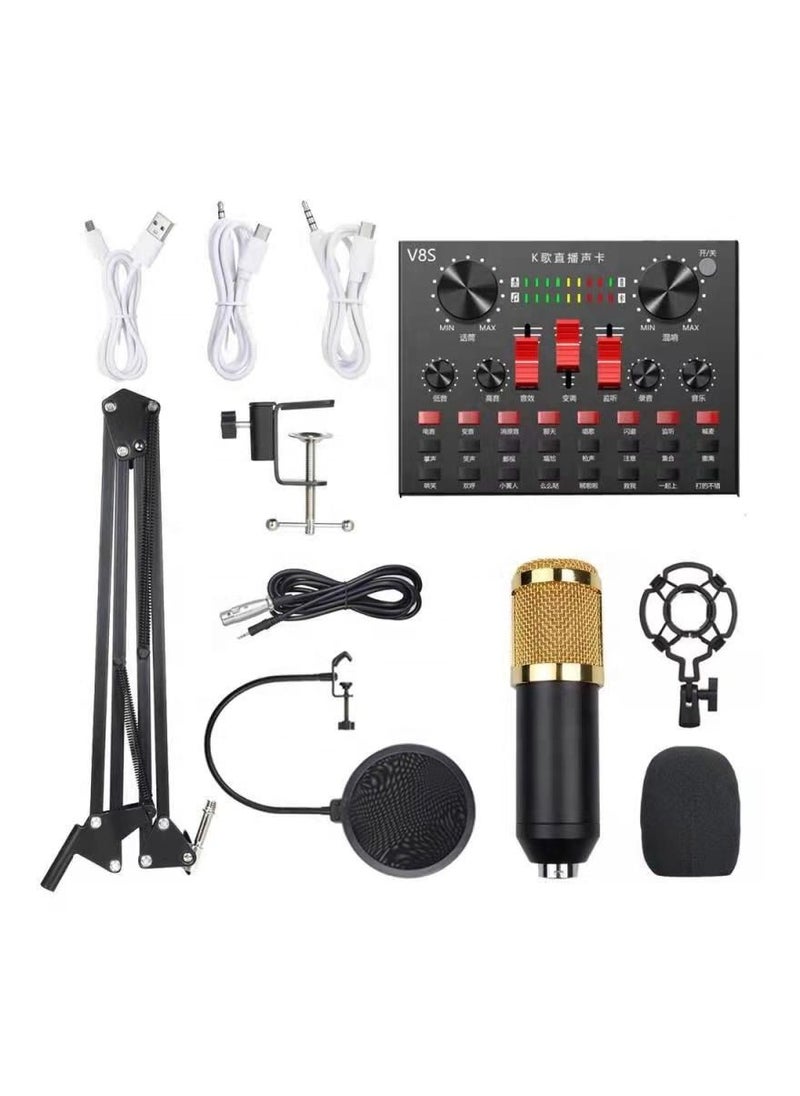 V8s Professional Condenser Microphone With V8S Live Sound Card And Studio Recording Broadcasting Set Black/Gold  - Image 1