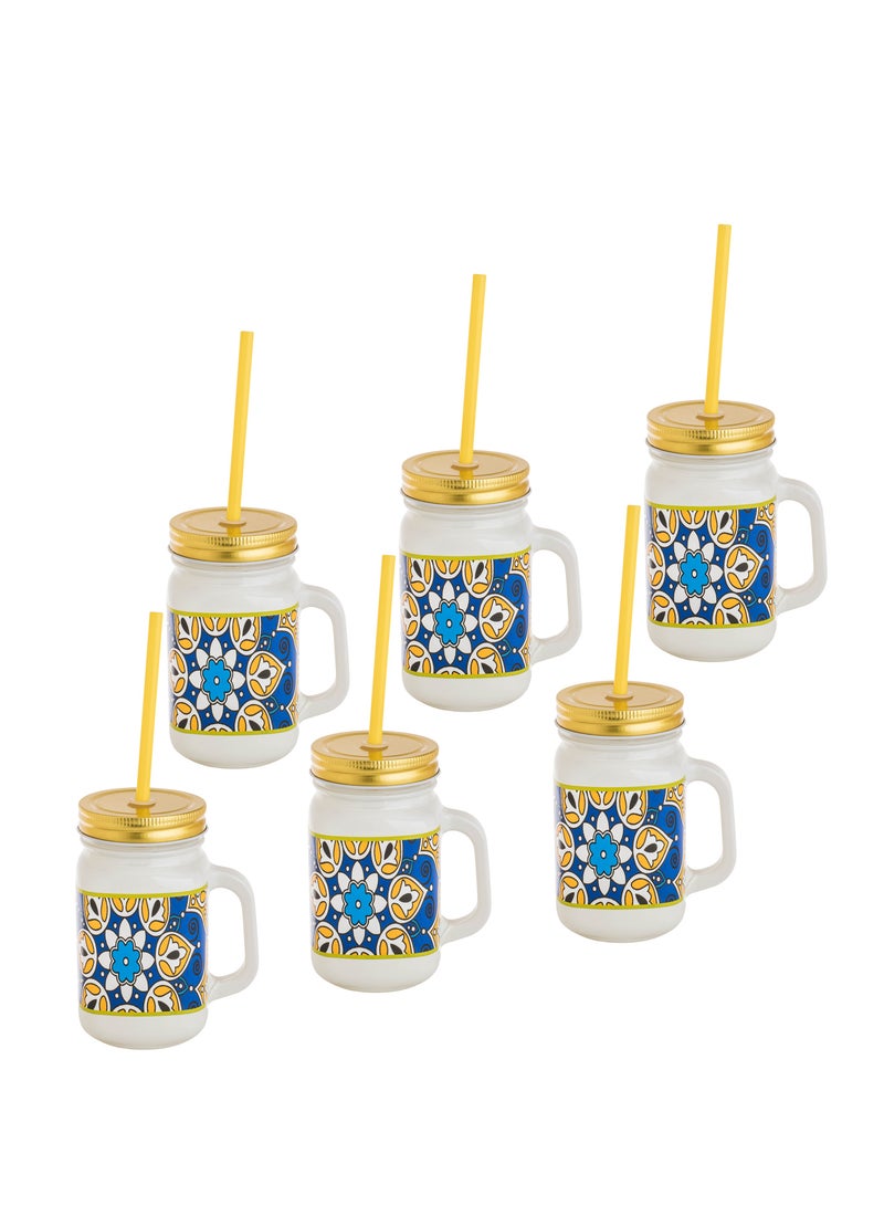 Hic Glass Mug With Straw Set 450 ml 6 Pieces Ramadan Design  - Image 1