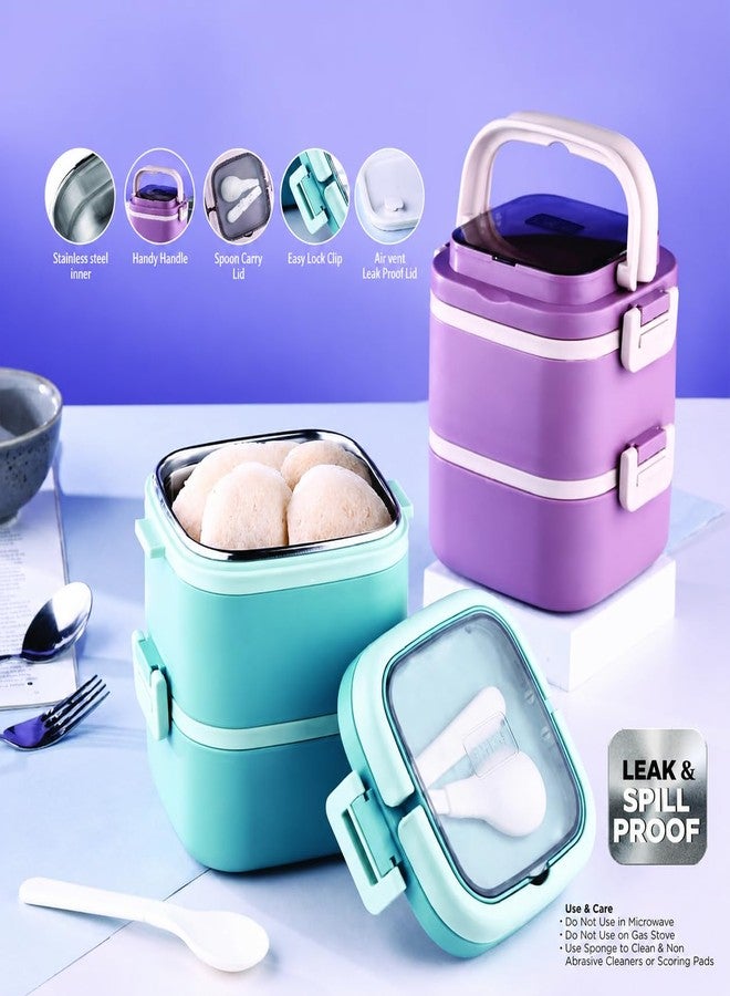 Gcrox 2 Compartment Cubex Insulated Food Container with Attractive Spoon - Airtight Leak-Proof Lunch Box for Office, School, Picnic 760ml- Peach - Image 3
