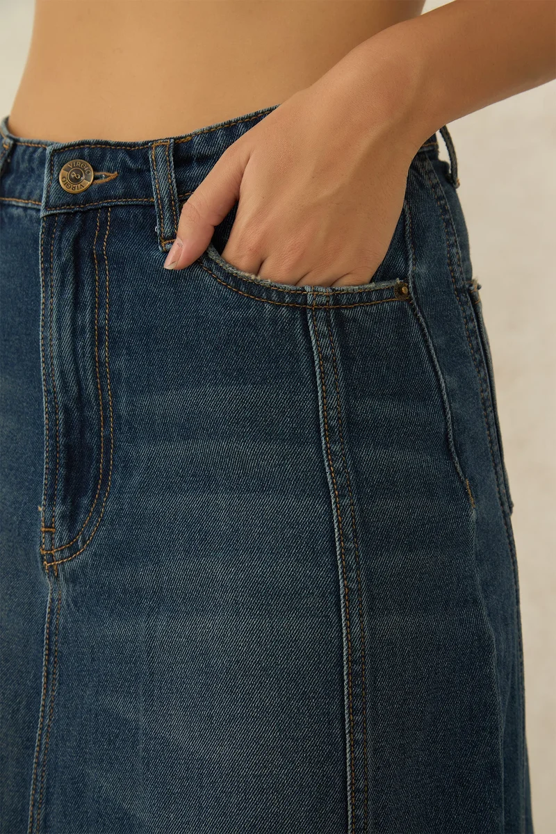 Virgio  Solid Cotton Denim Panelled Midi Slit Skirt for Women for Women | Best Price UAE