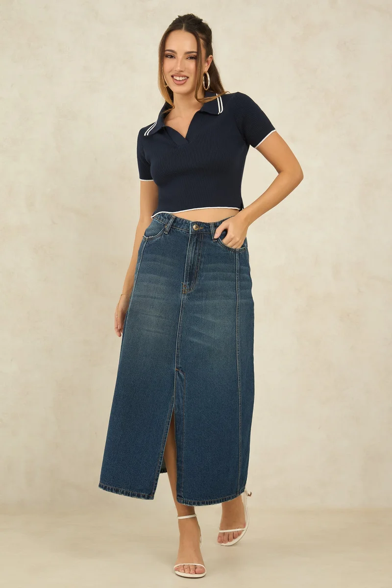 Virgio  Solid Cotton Denim Panelled Midi Slit Skirt for Women for Women | Best Price UAE