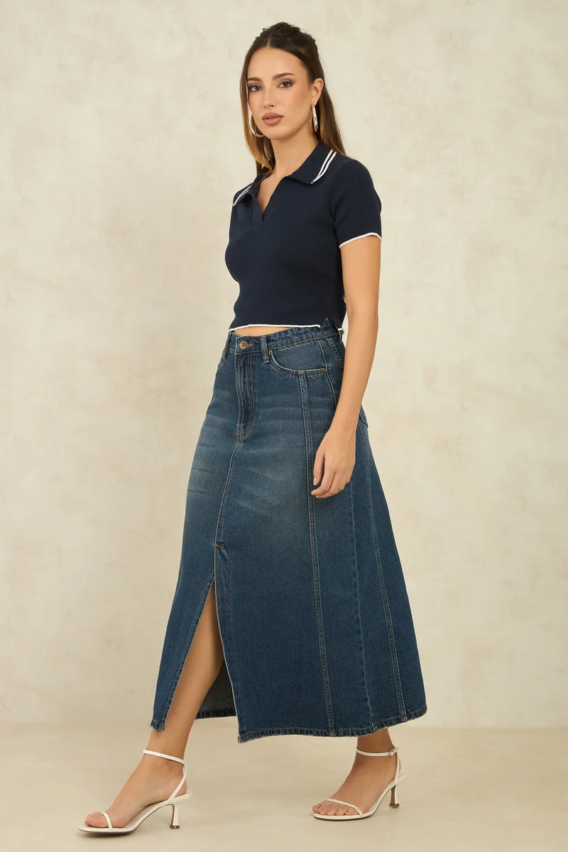 Virgio  Solid Cotton Denim Panelled Midi Slit Skirt for Women for Women | Best Price UAE