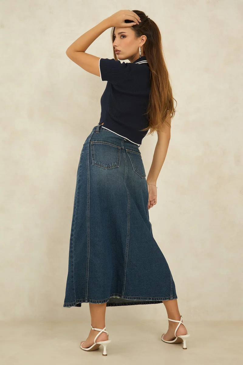 فيرجيو Solid Cotton Denim Panelled Midi Slit Skirt for Women
