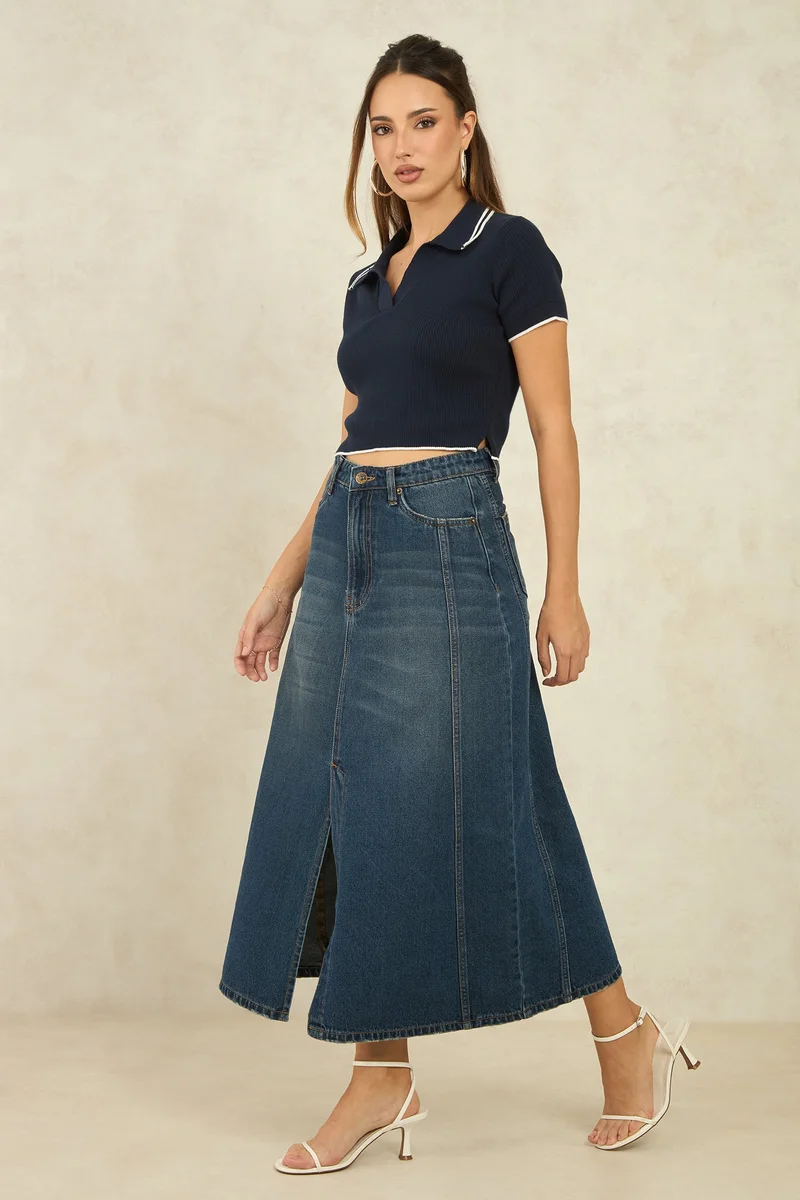 فيرجيو Solid Cotton Denim Panelled Midi Slit Skirt for Women