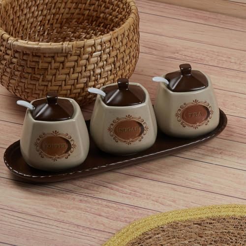 Kookee Ceramic Condiment Jars and Containers Set of 3 with Tray and Spoon for Kitchen Food Storage, Used for Spices, Sauce Servers, Pickle, Vinegar, Sugar (280ml each), Brown (11181) - Image 1