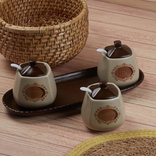 Kookee Ceramic Condiment Jars and Containers Set of 3 with Tray and Spoon for Kitchen Food Storage, Used for Spices, Sauce Servers, Pickle, Vinegar, Sugar (280ml each), Brown (11181) - Image 2