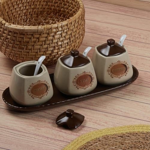 Kookee Ceramic Condiment Jars and Containers Set of 3 with Tray and Spoon for Kitchen Food Storage, Used for Spices, Sauce Servers, Pickle, Vinegar, Sugar (280ml each), Brown (11181) - Image 4