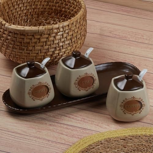 Kookee Ceramic Condiment Jars and Containers Set of 3 with Tray and Spoon for Kitchen Food Storage, Used for Spices, Sauce Servers, Pickle, Vinegar, Sugar (280ml each), Brown (11181) - Image 3