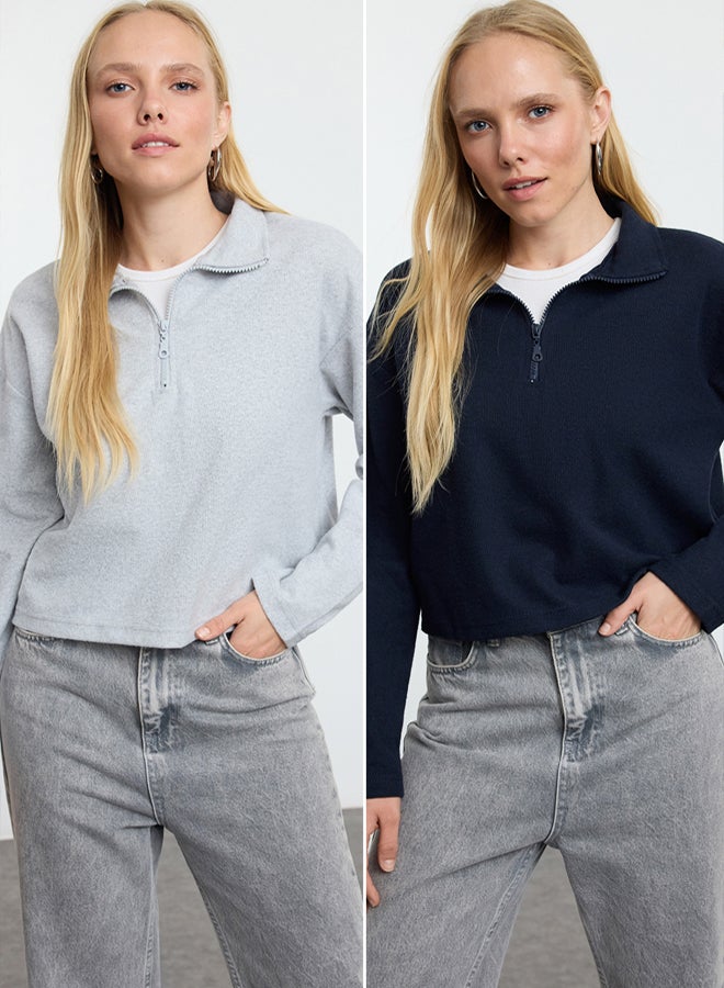 trendyol Navy Blue-Grey 2 Pack Selanik Regular/Normal Pattern Zipper Collar Knitted Sweatshirt - Image 1
