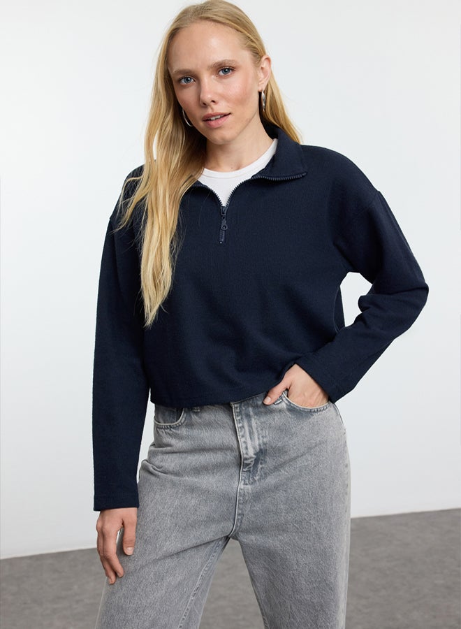 trendyol Navy Blue-Grey 2 Pack Selanik Regular/Normal Pattern Zipper Collar Knitted Sweatshirt - Image 4