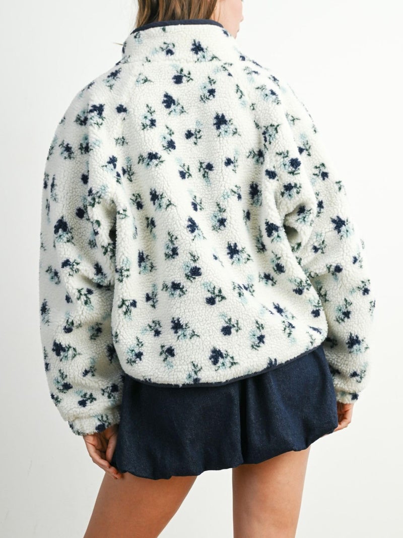 Joiemont Womens Floral Print Fluffy Fleece Jacket Snap Button Winter Teddy Fleece Jacket Casual Faux Fur Outwear(0711-Blue-S) - Image 2