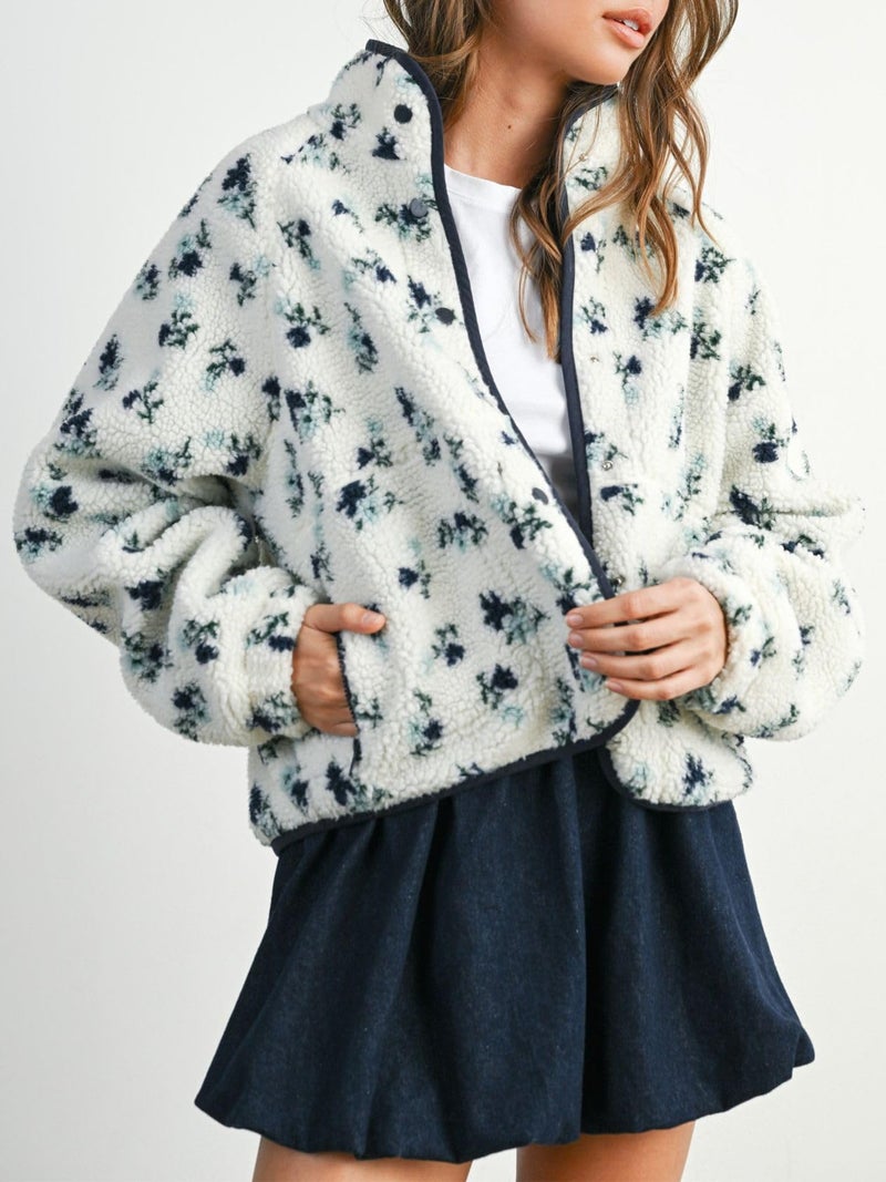 Joiemont Womens Floral Print Fluffy Fleece Jacket Snap Button Winter Teddy Fleece Jacket Casual Faux Fur Outwear(0711-Blue-S) - Image 3