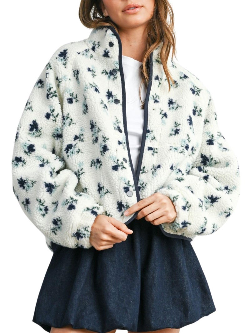 Joiemont Womens Floral Print Fluffy Fleece Jacket Snap Button Winter Teddy Fleece Jacket Casual Faux Fur Outwear(0711-Blue-S) - Image 1