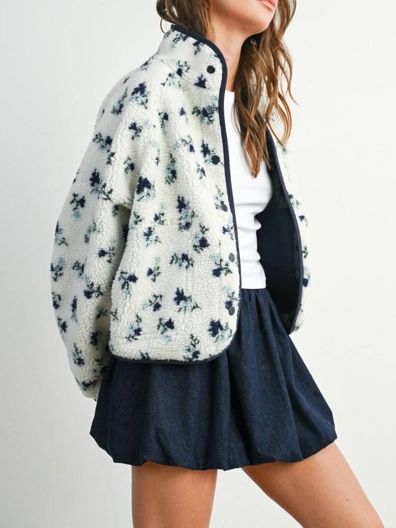 Joiemont Womens Floral Print Fluffy Fleece Jacket Snap Button Winter Teddy Fleece Jacket Casual Faux Fur Outwear(0711-Blue-S) - Image 4