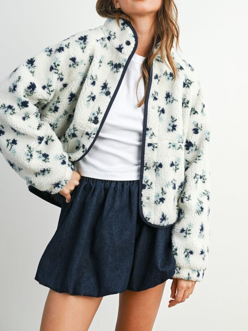 Joiemont Womens Floral Print Fluffy Fleece Jacket Snap Button Winter Teddy Fleece Jacket Casual Faux Fur Outwear(0711-Blue-S) - Image 5