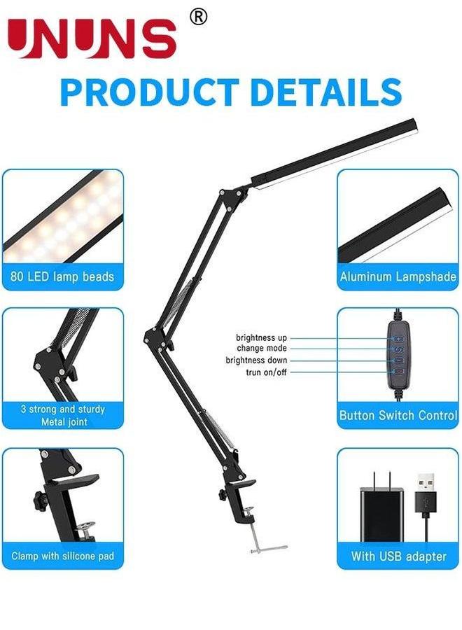 UNUNS مصباح مكتب LED، ضوء ذراع متأرجح مع مشبك، 3 أوضاع إضاءة تحمي العين، مصابيح قراءة تدور 360 درجة، شحن USB للمكتب المنزلي - Image 5