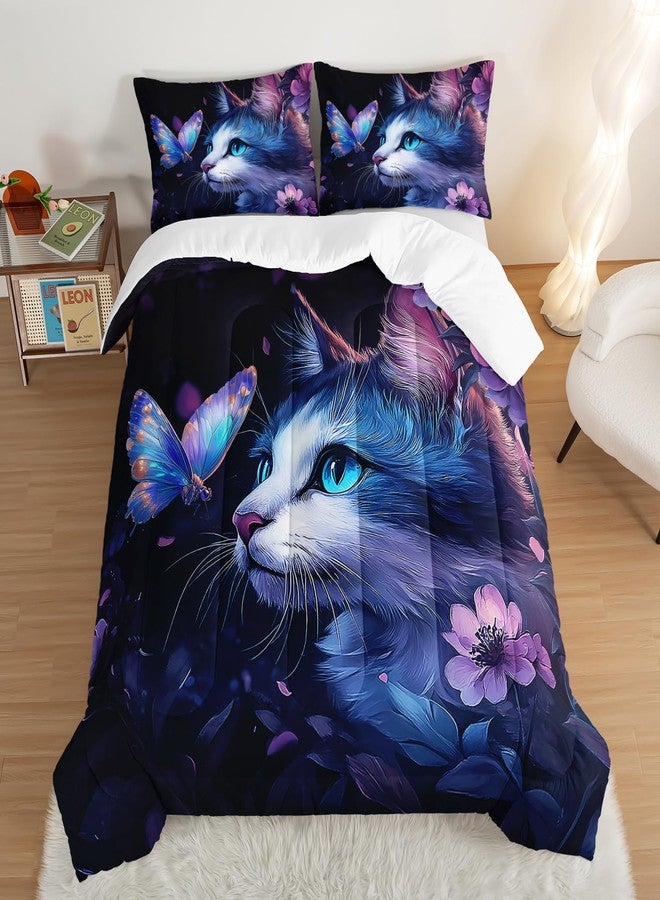 UEVBF Kids Cat Comforter Set Twin Size,Fantasy Cats Butterfly Flowers Bedding Set for Kids Girls Kawaii Room Decor,Cute Little Animal Themed Toddler Bedding Set with 2 Pillowcases. - Image 3