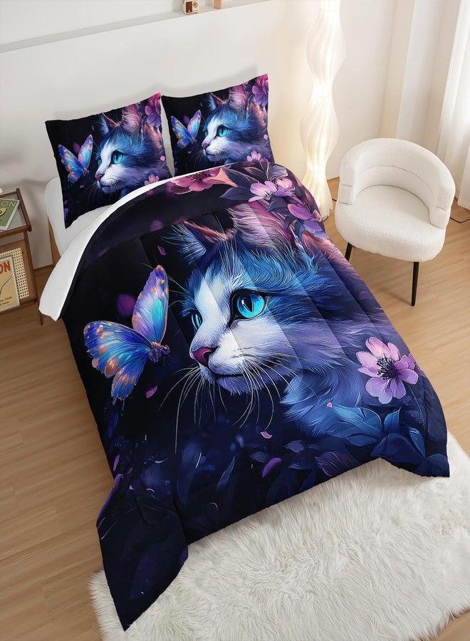 UEVBF Kids Cat Comforter Set Twin Size,Fantasy Cats Butterfly Flowers Bedding Set for Kids Girls Kawaii Room Decor,Cute Little Animal Themed Toddler Bedding Set with 2 Pillowcases. - Image 2