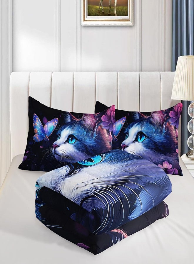 UEVBF Kids Cat Comforter Set Twin Size,Fantasy Cats Butterfly Flowers Bedding Set for Kids Girls Kawaii Room Decor,Cute Little Animal Themed Toddler Bedding Set with 2 Pillowcases. - Image 4