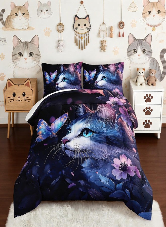 UEVBF Kids Cat Comforter Set Twin Size,Fantasy Cats Butterfly Flowers Bedding Set for Kids Girls Kawaii Room Decor,Cute Little Animal Themed Toddler Bedding Set with 2 Pillowcases. - Image 1