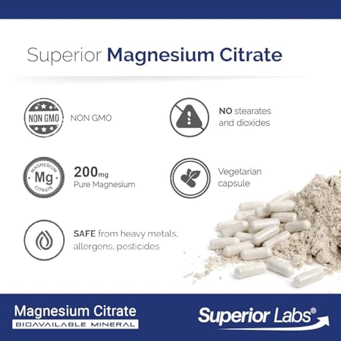 Superior Labs Magnesium Citrate 200mg, High Absorption, Non-GMO, Additive-Free & Gluten-Free, Promotes Calm Sleep, Eases Muscle Cramps & Twitches, Supports Constipation Relief, 120 Veg Caps - Image 5