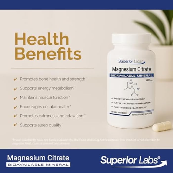 Superior Labs Magnesium Citrate 200mg, High Absorption, Non-GMO, Additive-Free & Gluten-Free, Promotes Calm Sleep, Eases Muscle Cramps & Twitches, Supports Constipation Relief, 120 Veg Caps - Image 3