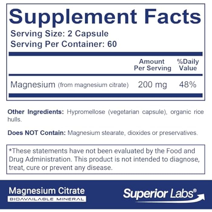 Superior Labs Magnesium Citrate 200mg, High Absorption, Non-GMO, Additive-Free & Gluten-Free, Promotes Calm Sleep, Eases Muscle Cramps & Twitches, Supports Constipation Relief, 120 Veg Caps - Image 2