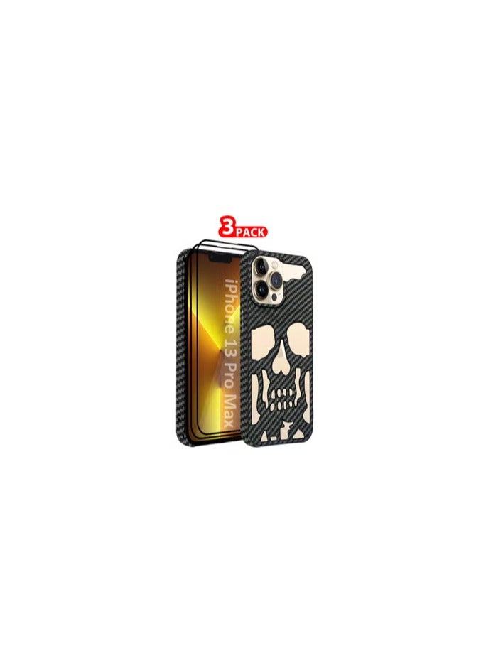 CATANES iPhone 13 Pro Max 3Packs Skull Case Cover Soft TPU and Glossy with Two 3D Shockproof Screen Protector - Carbon Fiber - Image 1
