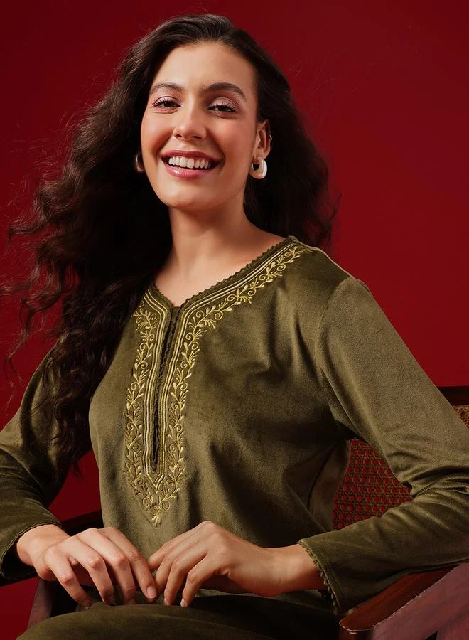 Clovia Olive Green Velour Nightdress