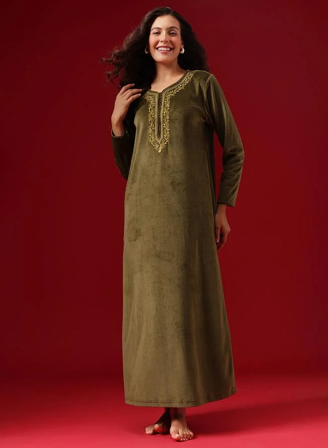 Clovia Olive Green Velour Nightdress
