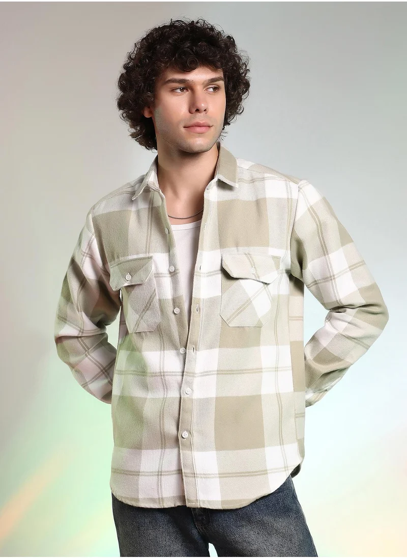 Campus Sutra Men's Beige Plaid Cotton Shirt With Full Sleeves