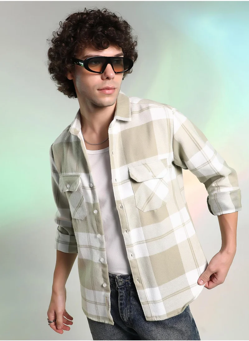Campus Sutra Men's Beige Plaid Cotton Shirt With Full Sleeves