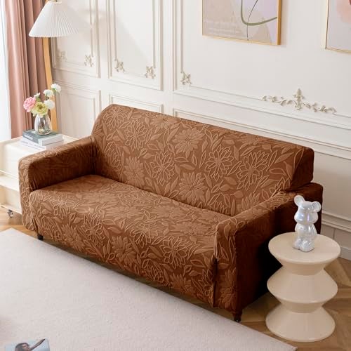 House of Quirk Universal Jacquard Waterproof Camellia Fabric Sofa Cover Soft Touching Cover for Couch Flexible Stretch Sofa Slipcover (Four Seater, Camel) - Image 1