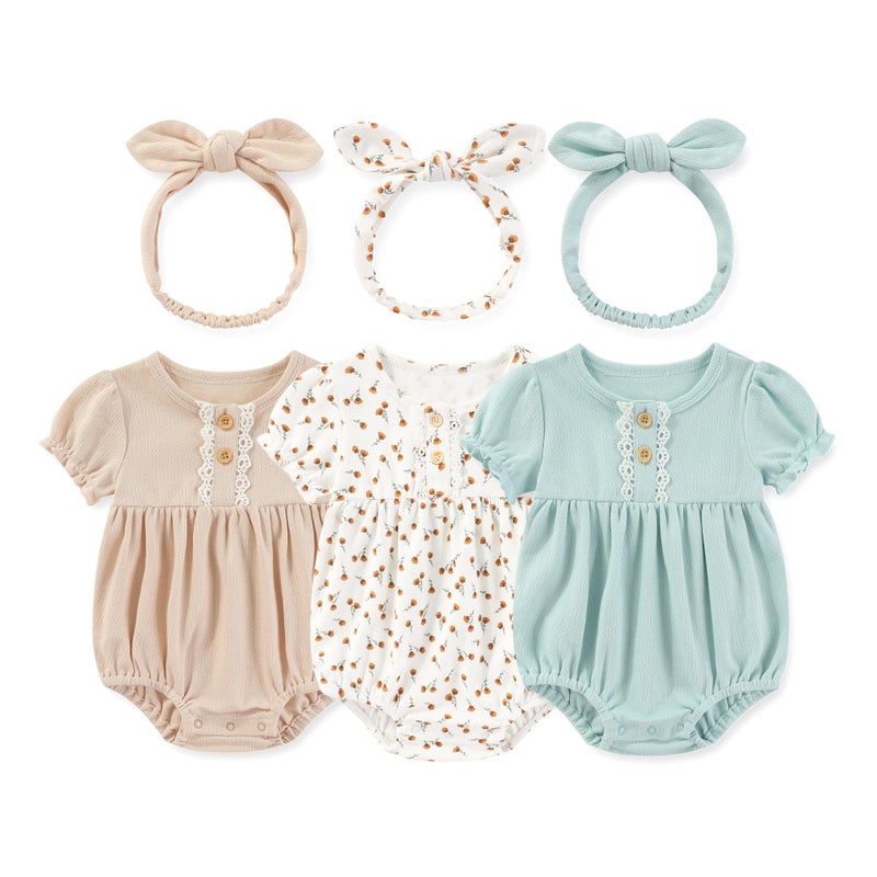 MAMIMAKA 3 Pack Newborn Baby Girl Clothes Cotton Floral Short Sleeve Bodysuits with Headbands 03 Months - Image 2