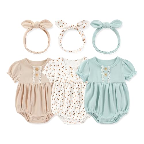 MAMIMAKA 3 Pack Newborn Baby Girl Clothes Cotton Floral Short Sleeve Bodysuits with Headbands 03 Months - Image 1