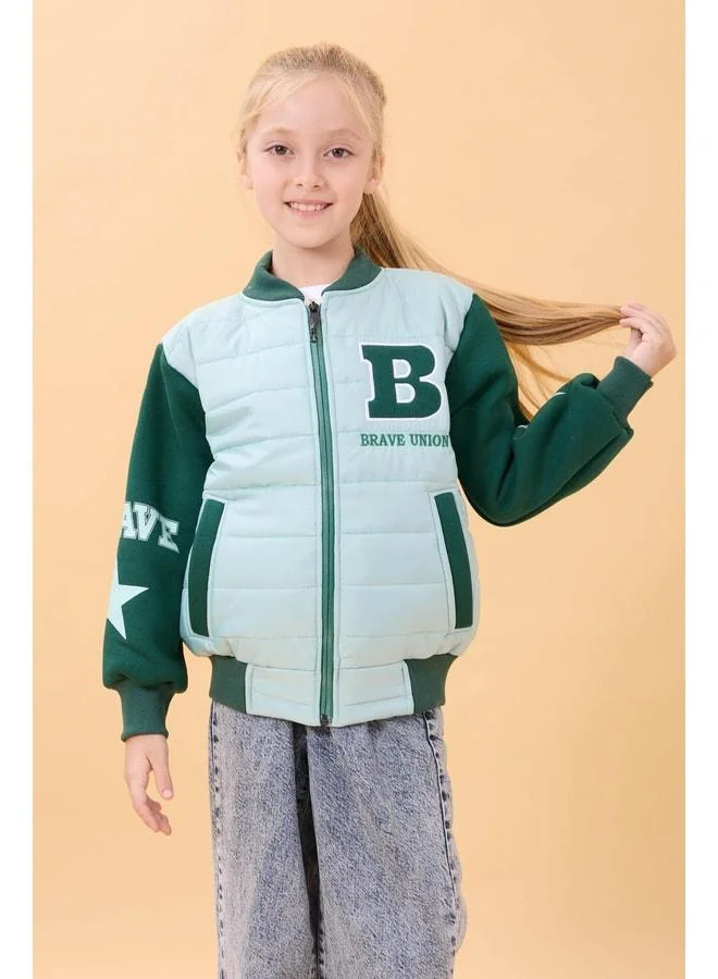 Perendi Girl's Plush-Lined Quilted College Jacket – Blue