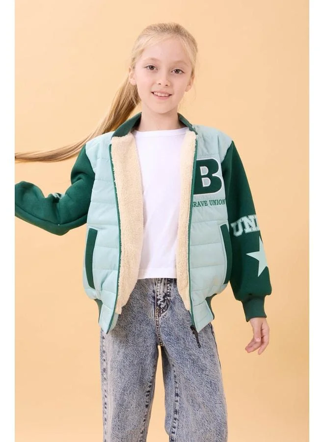 Perendi Girl's Plush-Lined Quilted College Jacket – Blue